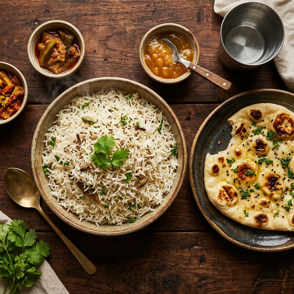 Soft naan breads and fragrant basmati rice