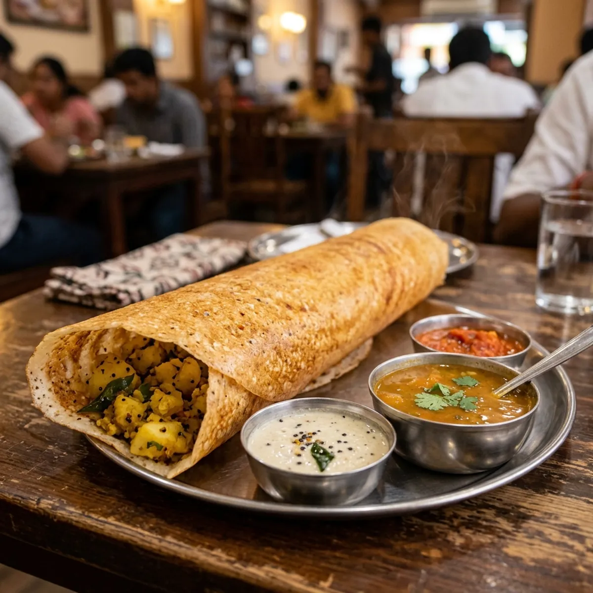 Crispy masala dosa with chutneys and sambar