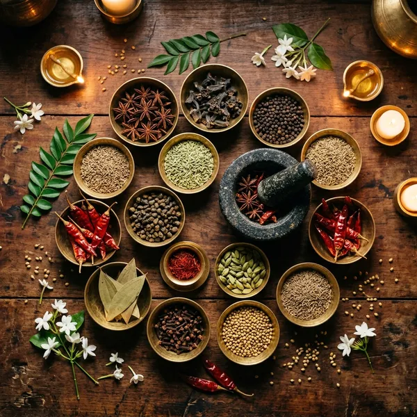 Chettinad spice collection with mortar and pestle on teak wood