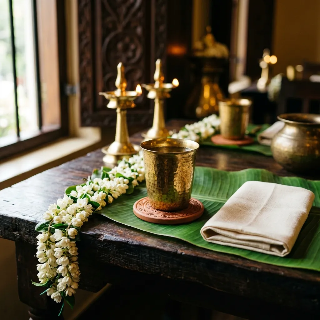 Chettinad heritage — brass, jasmine, banana leaf